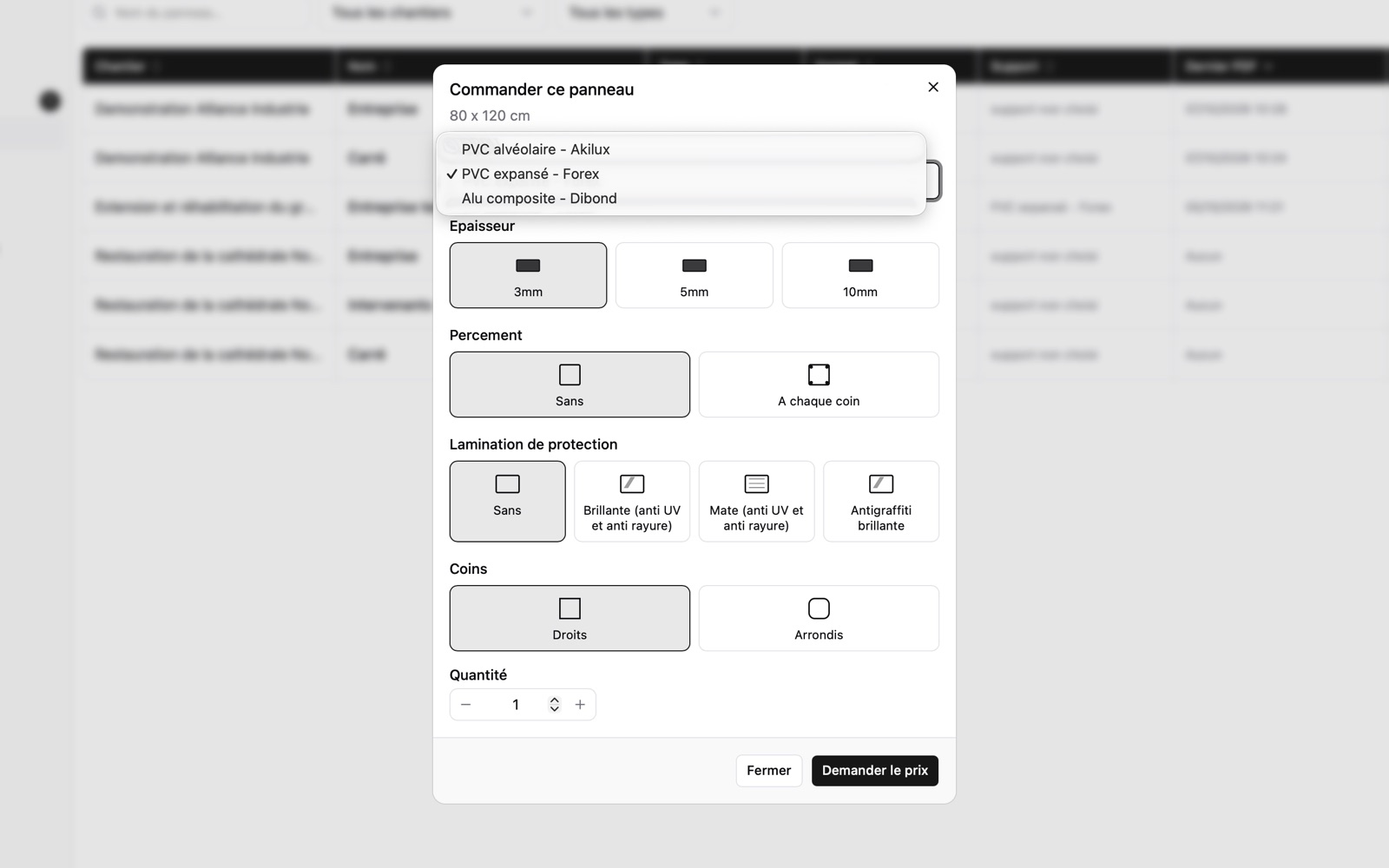 Commande d'impression dans iciChantier : choix du support et des finitions