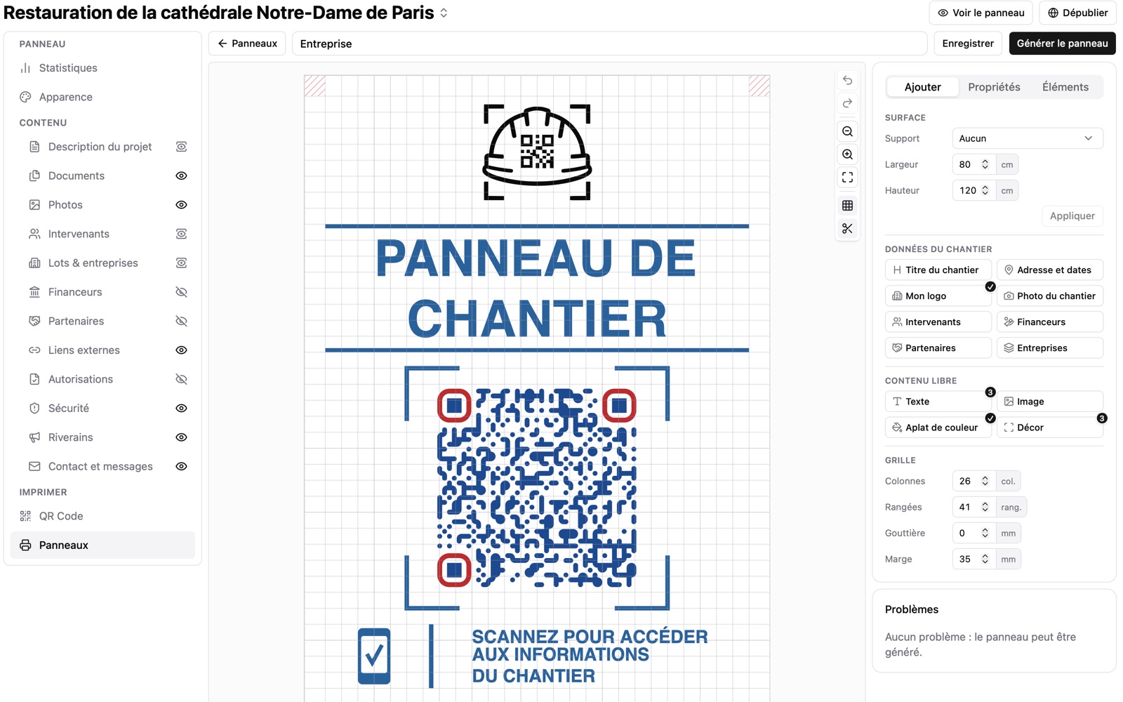 Compositeur de panneau dans iciChantier : ajout des données du chantier