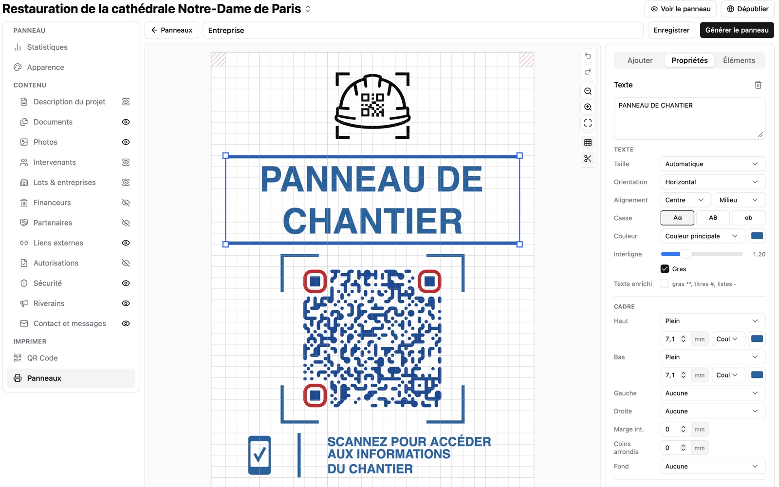 Compositeur de panneau dans iciChantier : réglage d'un texte