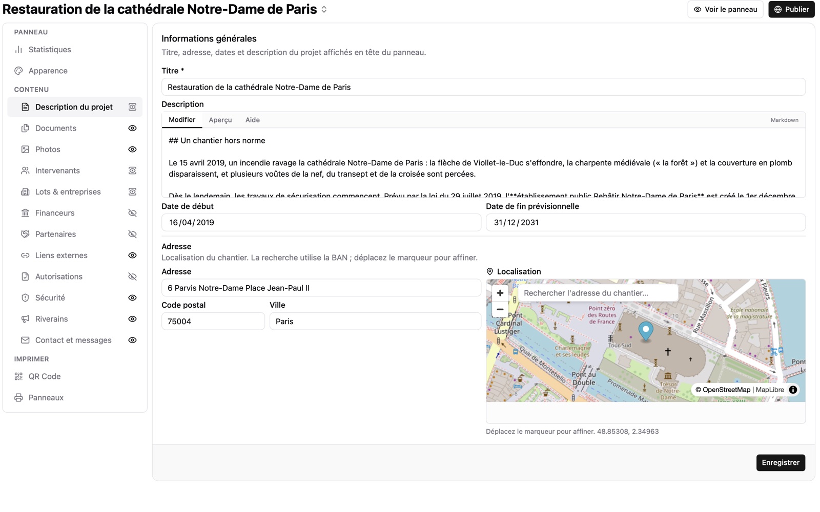 Fiche d'un chantier dans iciChantier : description du projet