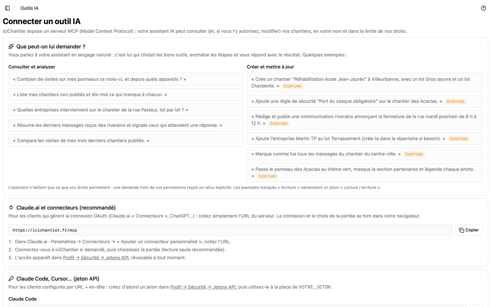 Page « Connecter un outil IA » de l'espace client iciChantier