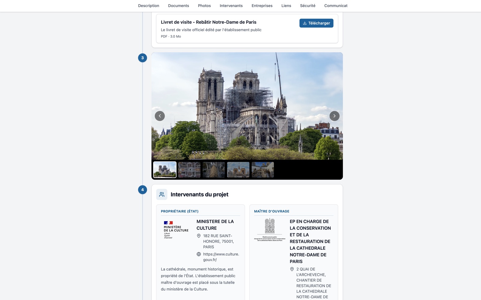 Panneau de chantier public : documents, galerie de photos et intervenants
